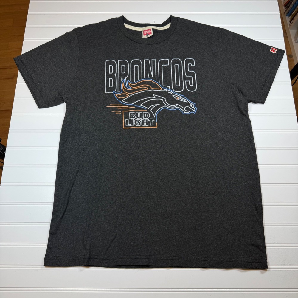Homage Denver Broncos Bud Light Graphic T-Shirt Mens XL Charcoal Gray Heather